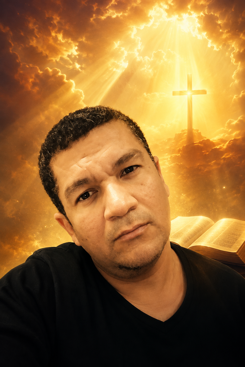 Reverendo Albert em composição cristã com Bíblia, cruz e luz celestial